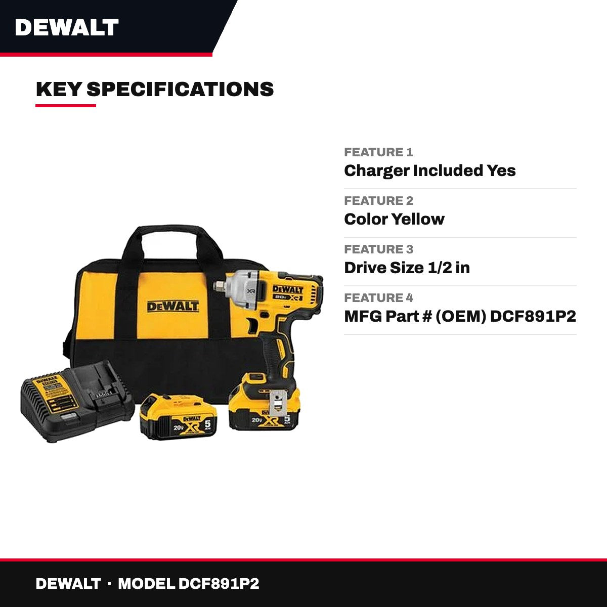 DeWalt DCF891P2 – 20V MAX XR 1/2" Mid-Range Impact Wrench Kit with Hog Ring Anvil