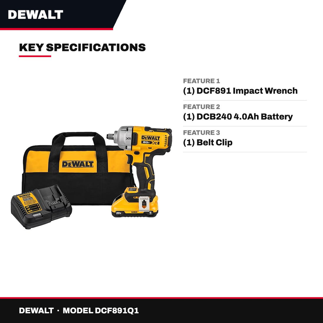 DeWalt DCF891Q1 – 20V MAX XR 1/2" Mid-Range Impact Wrench Kit with Hog Ring Anvil, 1 Battery