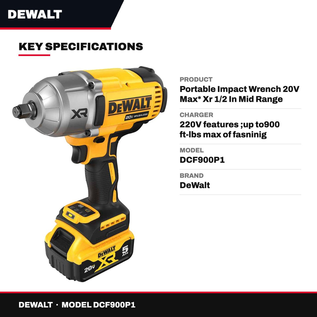 DeWalt DCF900P1 – Portable Impact Wrench 20V Max* Xr 1/2 In Mid Range Cordless Impact High Turque Wrench With Detent