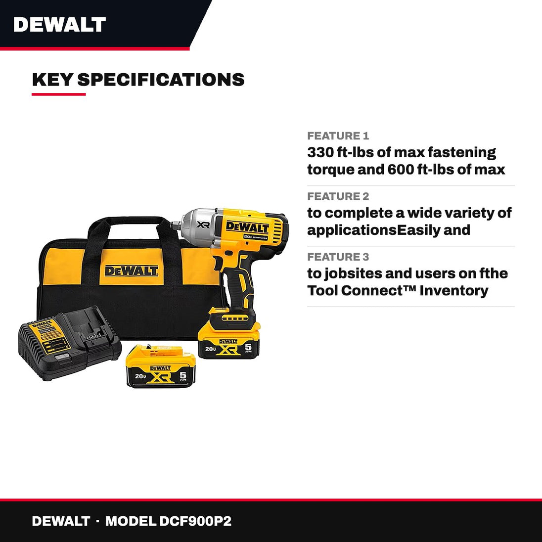 DeWalt DCF900P2 – 20V 1/2" Cordless Impact Wrench Kit, 2 x 5.0Ah
