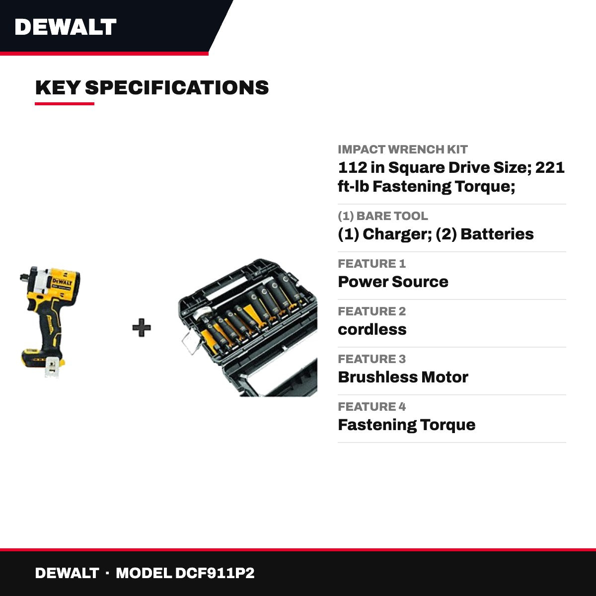 DeWalt DCF911P2 – Impact Wrench Kit – 112 In Square Drive Size, 221 Ft-Lb Fastening Torque