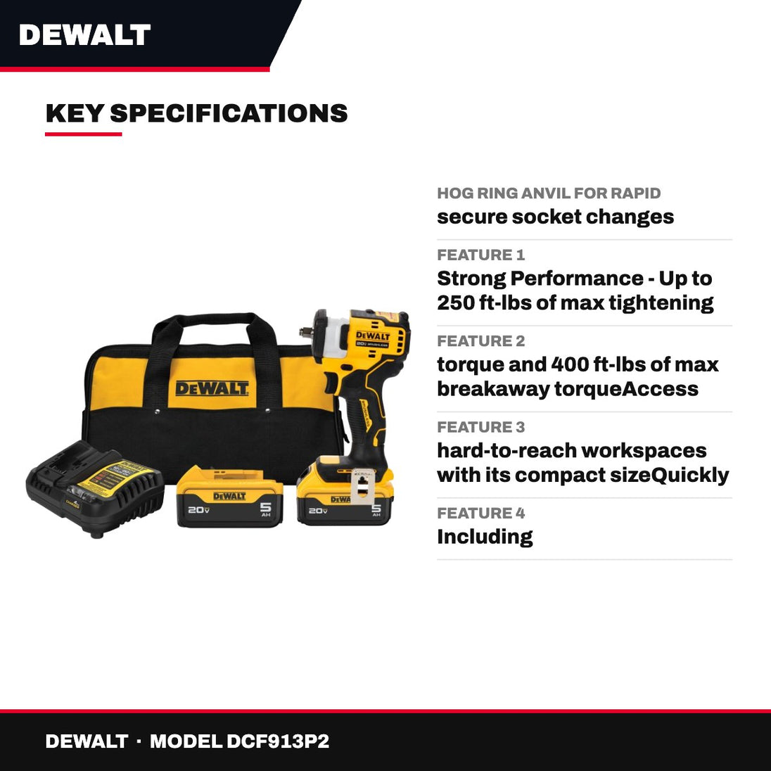 DeWalt DCF913P2 – 20V Max* 3/8 In. Cordless Impact Wrench With Hog Ring Anvil Kit