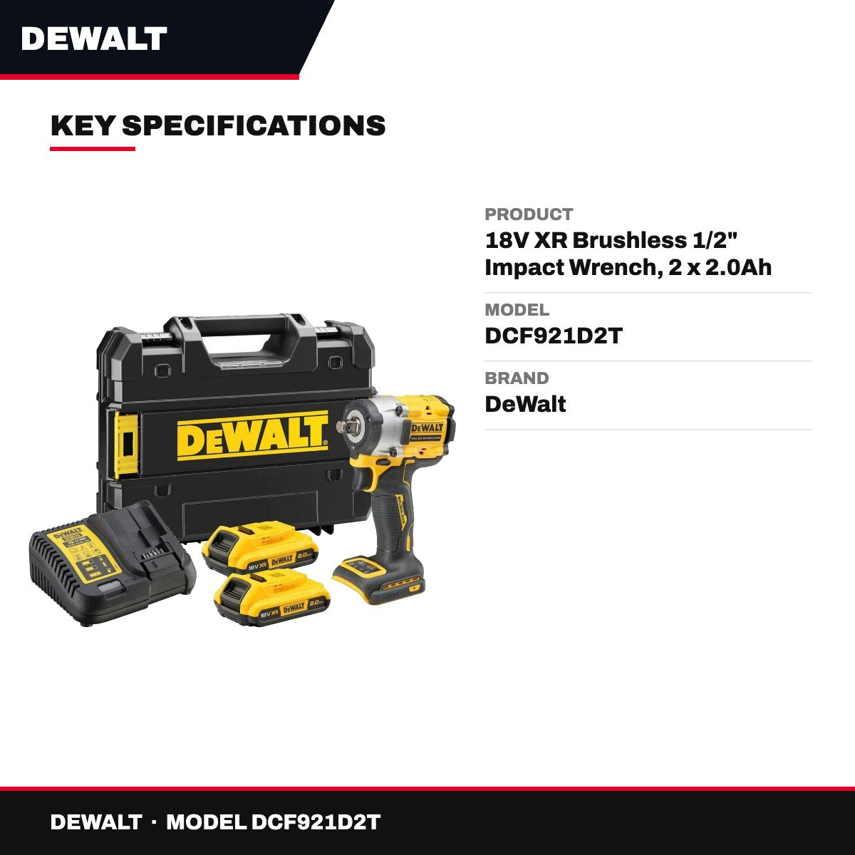 DeWalt DCF921D2T – 18V XR Brushless 1/2" Impact Wrench, 2 x 2.0Ah