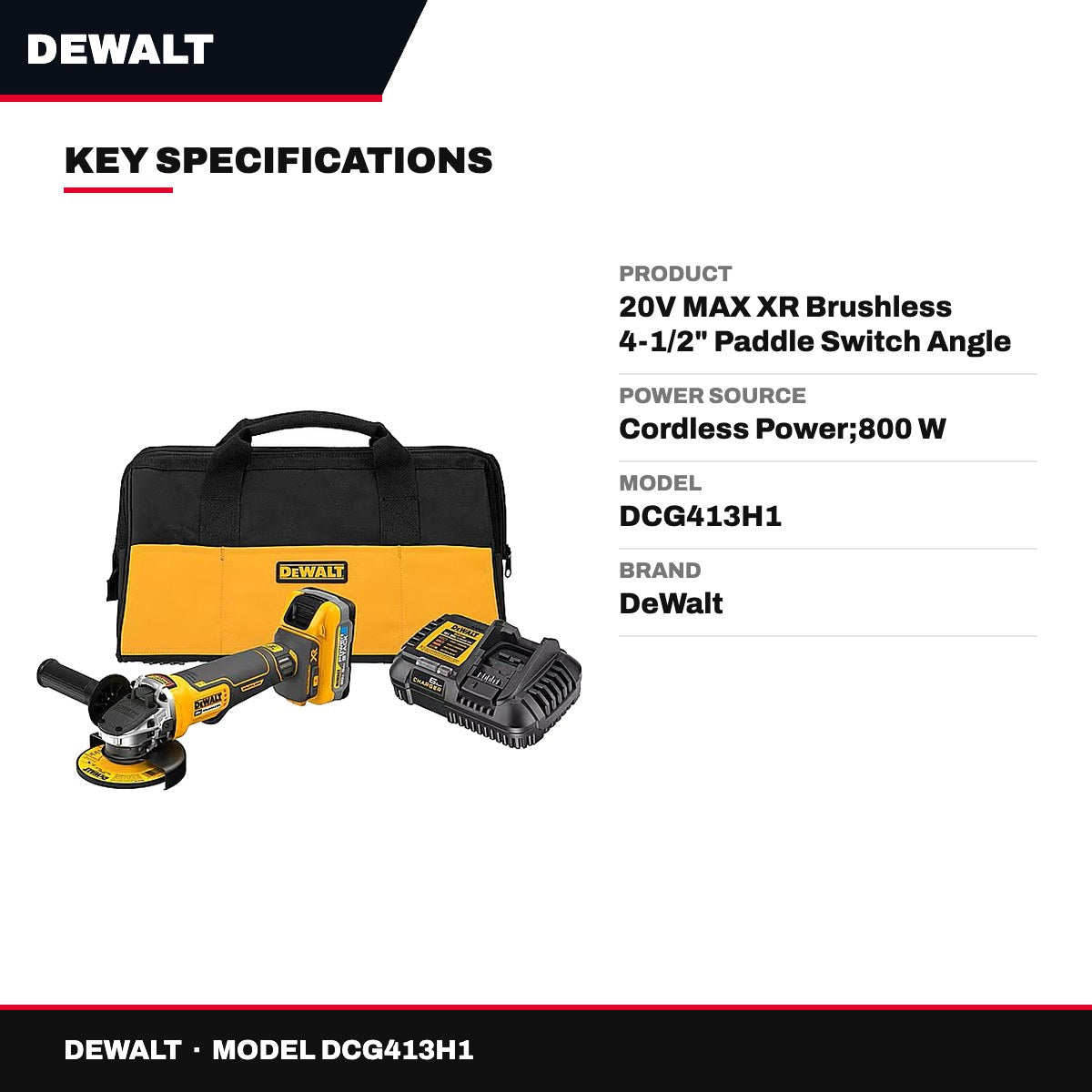 DeWalt DCG413H1 – 20V MAX XR Brushless 4-1/2" Paddle Switch Angle Grinder Kit