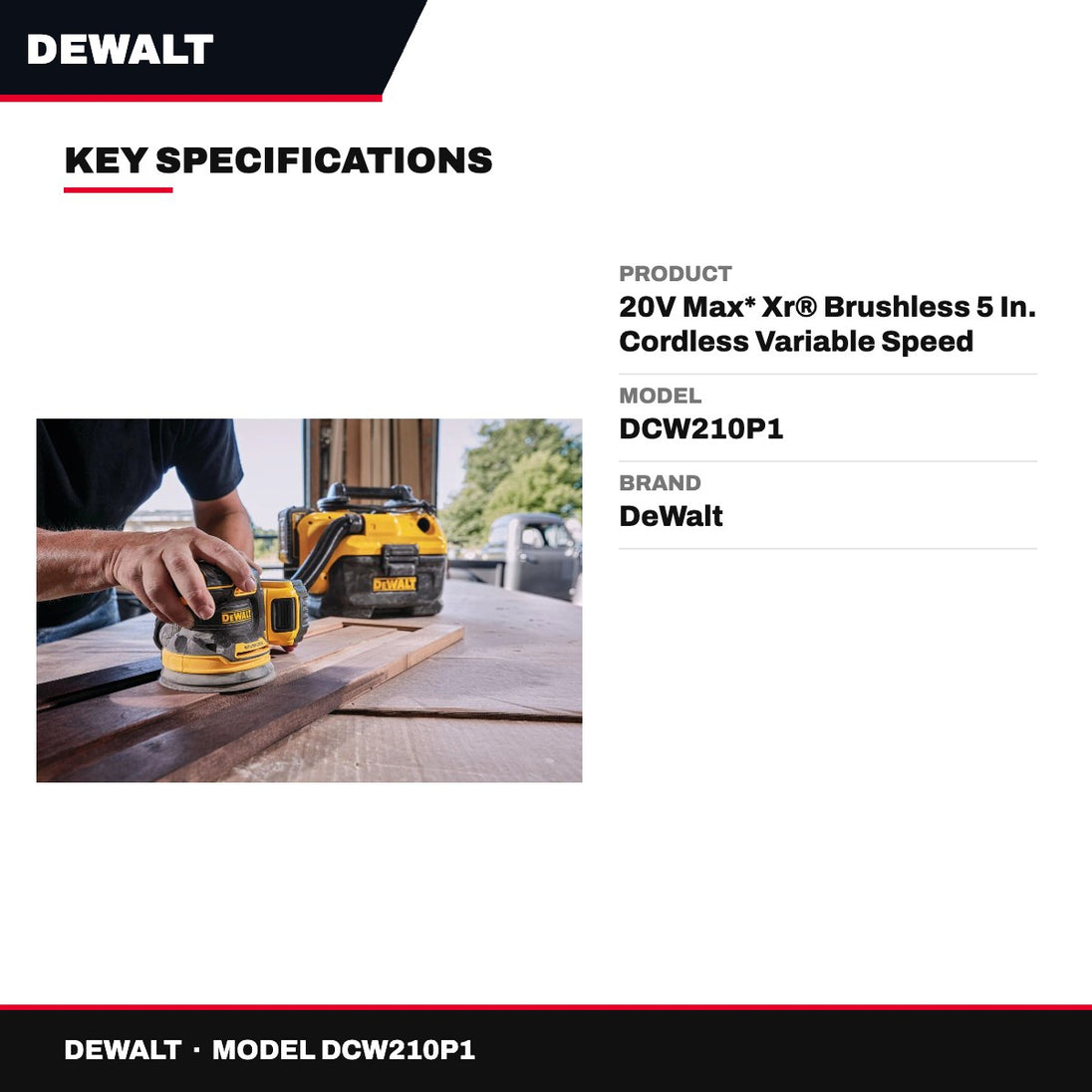 DeWalt DCW210P1 – 20V Max* Xr® Brushless 5 In. Cordless Variable Speed Random Orbital Sander Kit (5.0 Ah Battery)