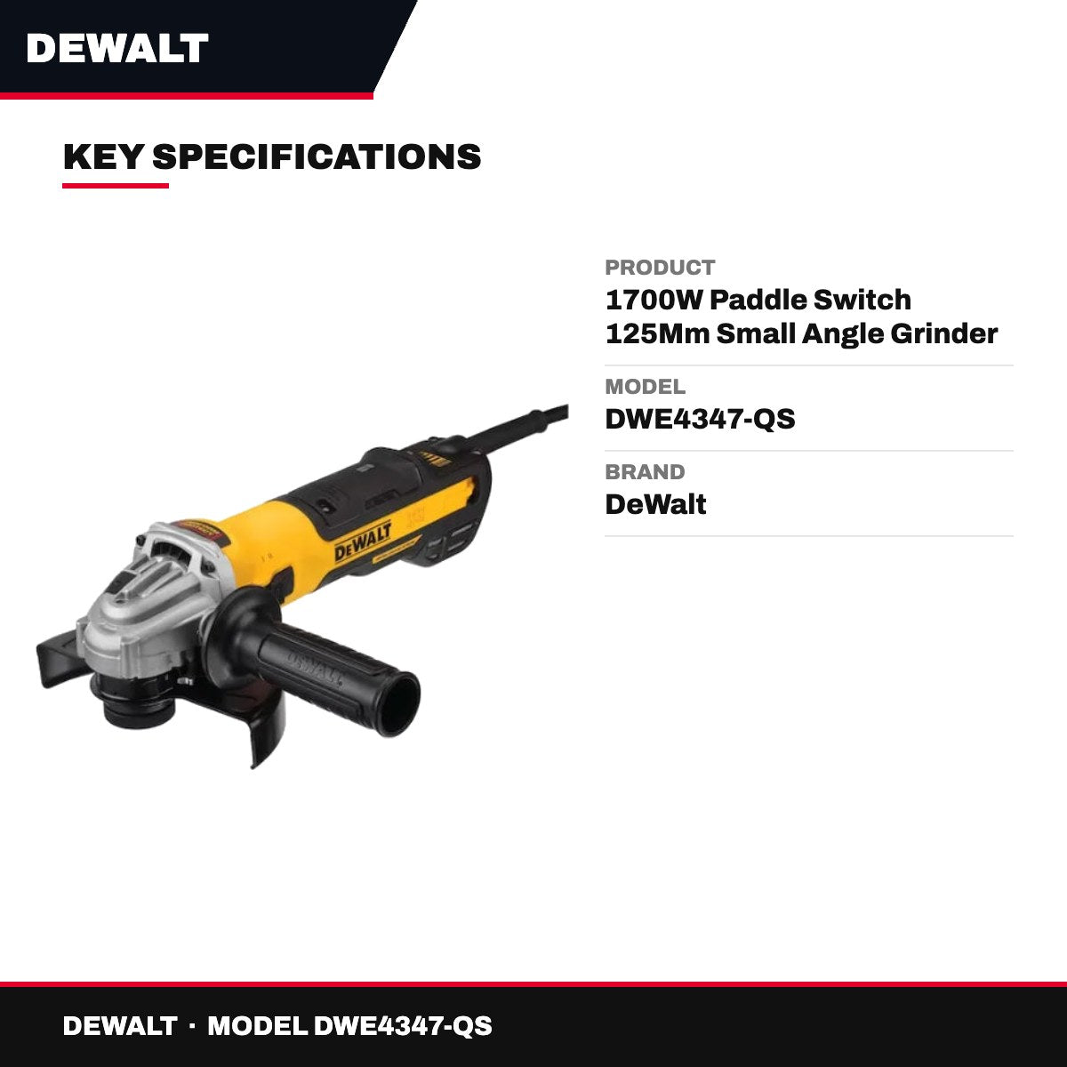 DeWalt DWE4347-QS – 1700W Paddle Switch 125Mm Small Angle Grinder With – 220V