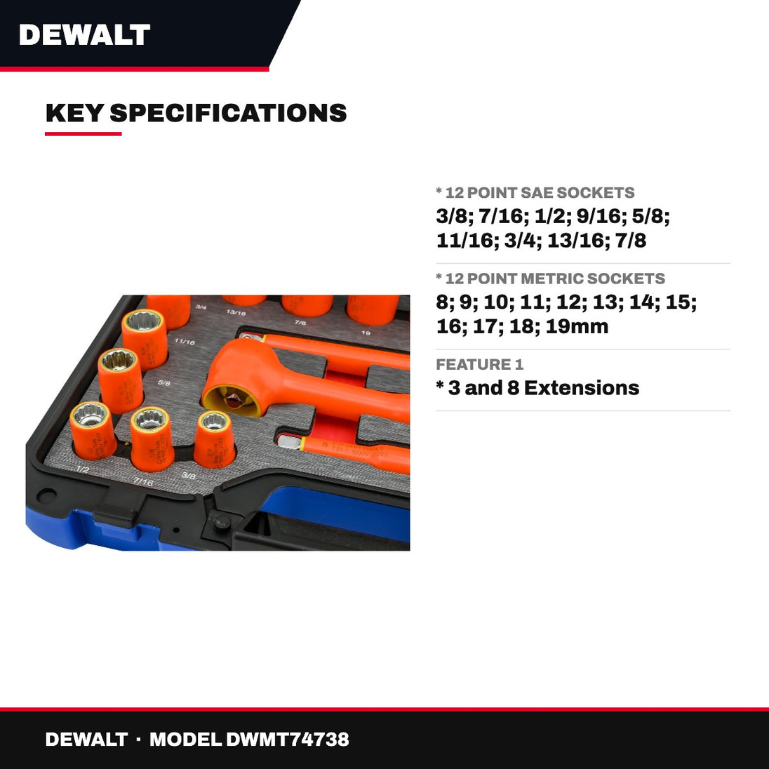 DeWalt DWMT74738 – 24 Piece 3/8 Drive 12 Point Sae And Metric – Standard Socket And Attachments Set, 1000V Insulated