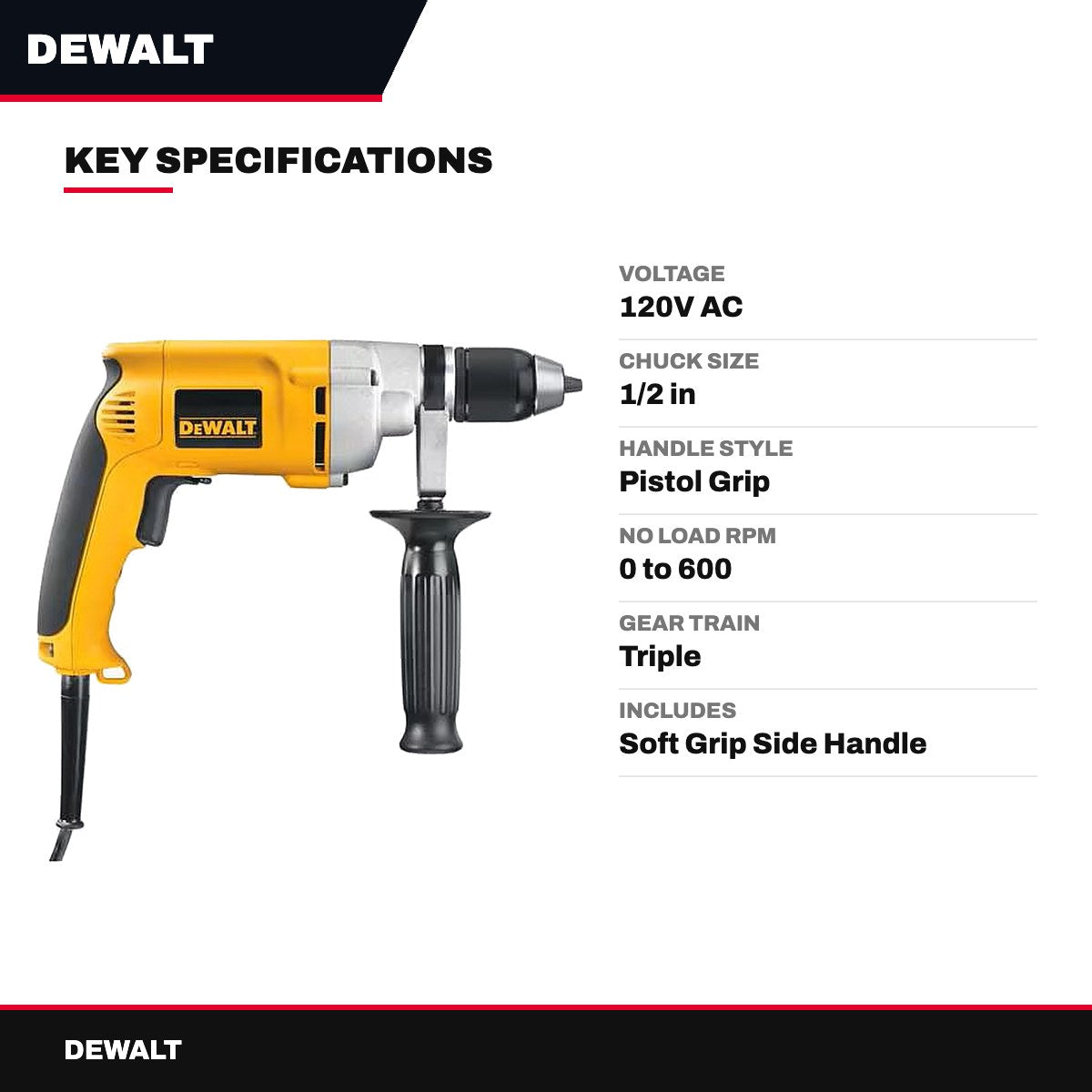 DeWalt Electric Drill 1/2" Keyless Chuck, Pistol Grip