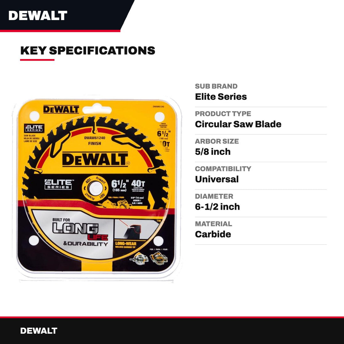 DeWalt – Elite Series 6-1/2 In. D X 5/8 In. Carbide Circular Saw Blade 40 Teeth 1 Pk