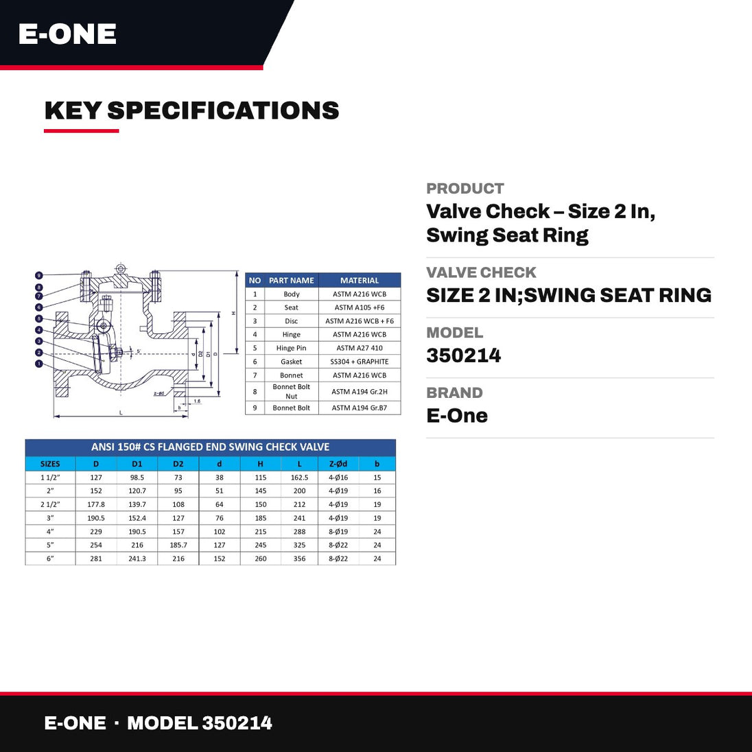 E-One 350214 – Valve Check – Size 2 In, Swing Seat Ring