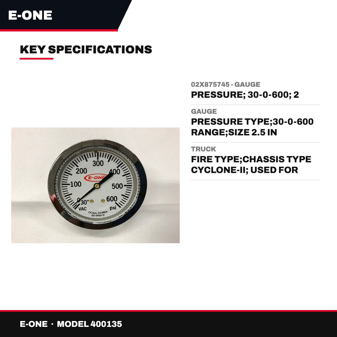 E-One 400135 – 02X875745 - Gauge – Pressure, 30-0-600