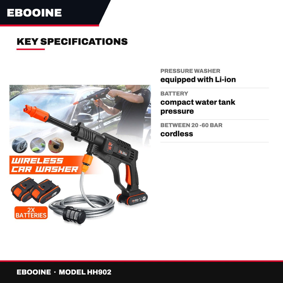 Ebooine HH902 – Pressure Washer – Equipped With Li-Ion