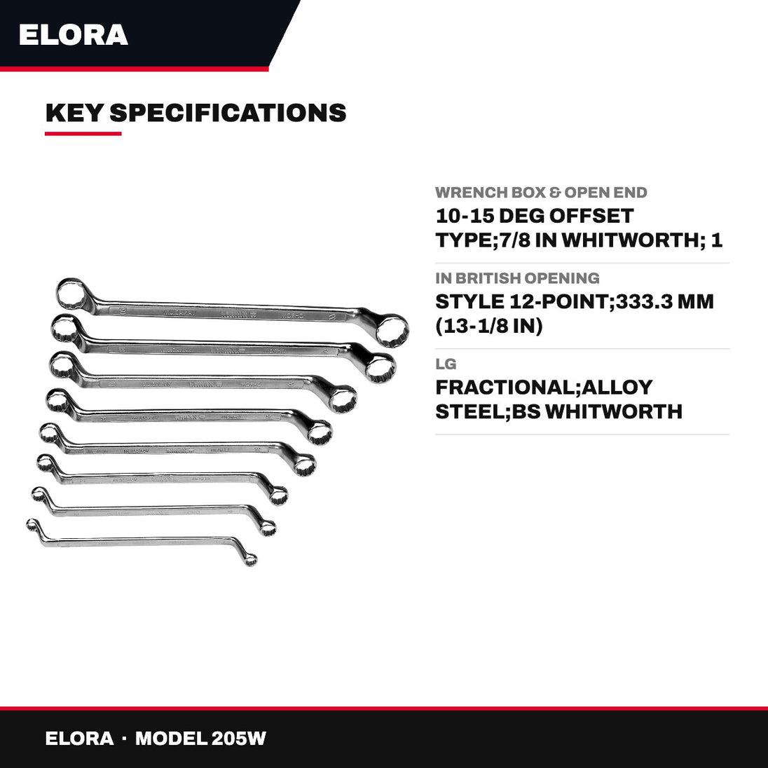 Elora 205W – Wrench Box & Open End – 10-15 Deg Offset Type, 7/8 In Whitworth