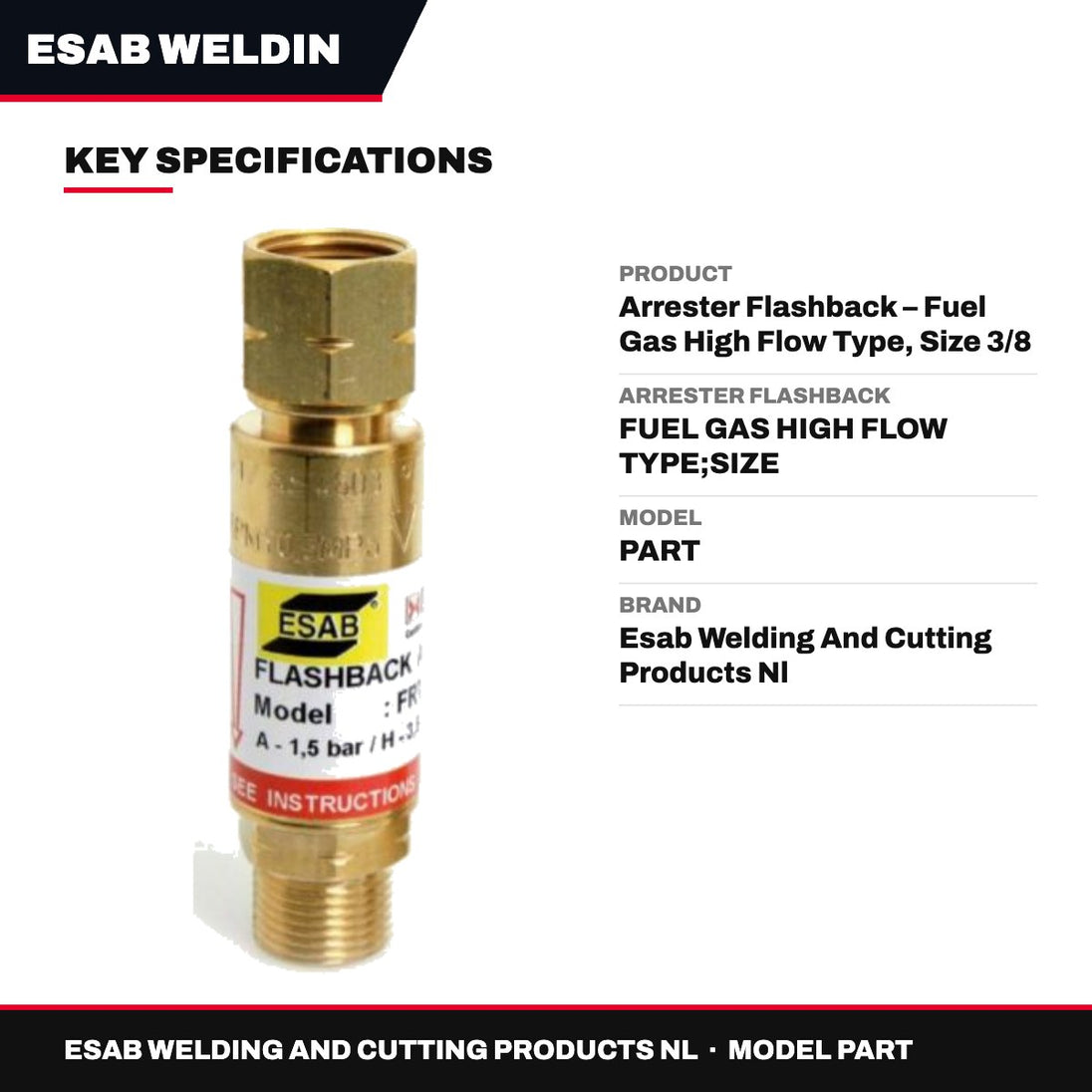 Esab Welding And Cutting Products Nl PART – Arrester Flashback – Fuel Gas High Flow Type, Size 3/8