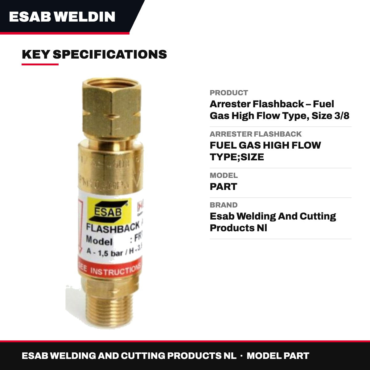 Esab Welding And Cutting Products Nl PART – Arrester Flashback – Fuel Gas High Flow Type, Size 3/8