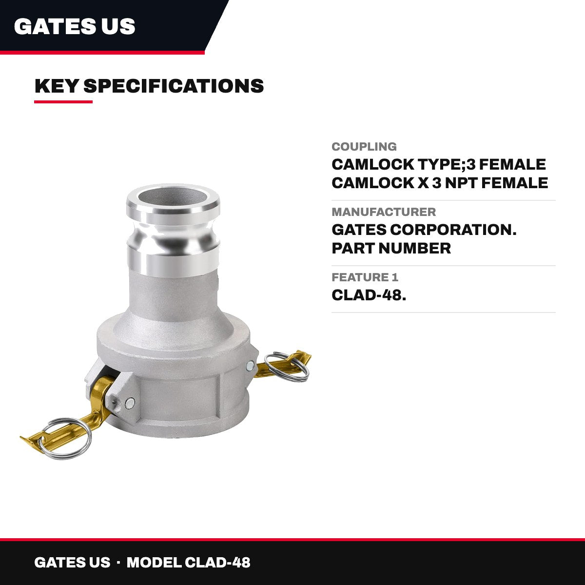 Gates Us CLAD-48 – Coupling – Camlock Type, 3 Female Camlock X 3 Npt Female - Type