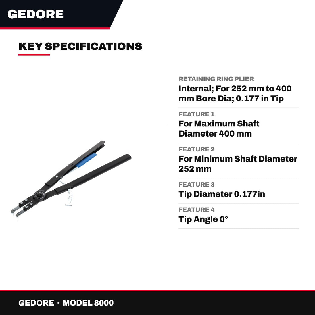 Gedore 8000 – Retaining Ring Plier – Internal, For 252 Mm To 400 Mm Bore Dia