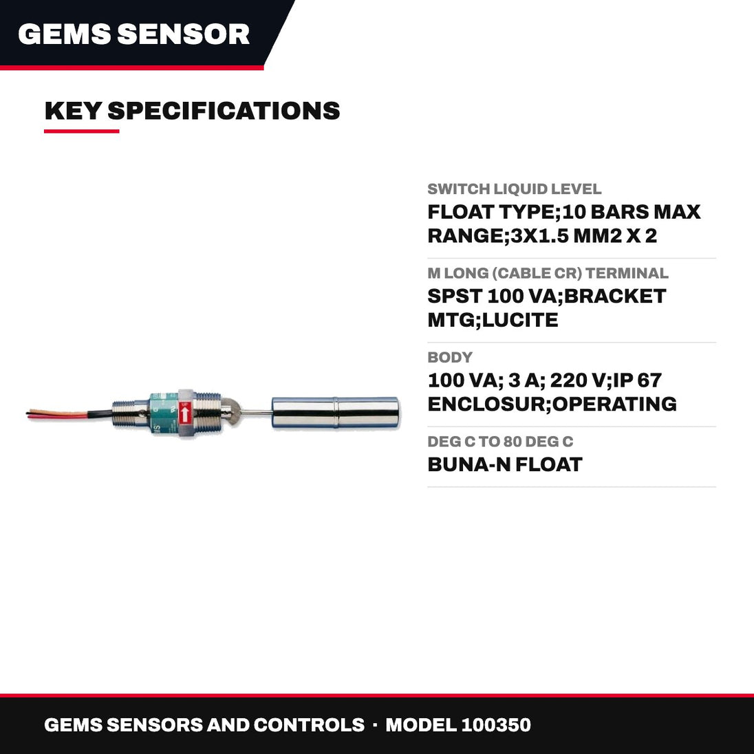 Gems Sensors And Controls 100350 – Switch Liquid Level – Float Type, 10 Bars Max Range