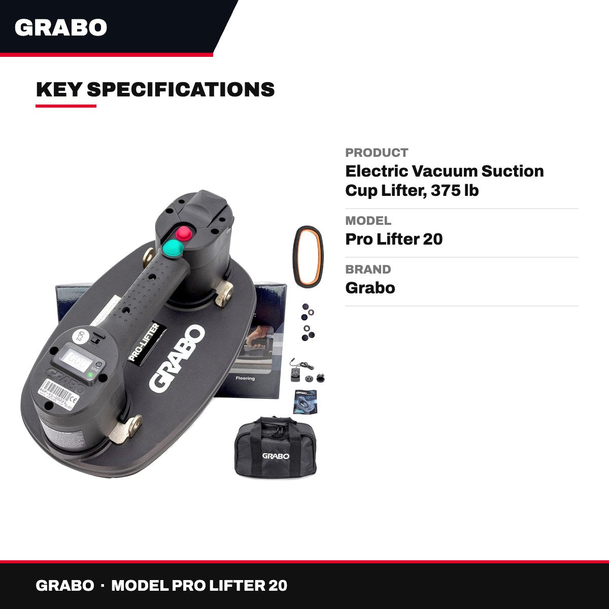 Grabo Pro Lifter 20 – Electric Vacuum Suction Cup Lifter, 375 lb