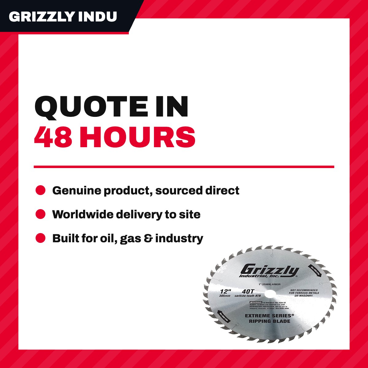Grizzly Industrial T26700 – 12" x 1" 40T ATB Ripping Blade