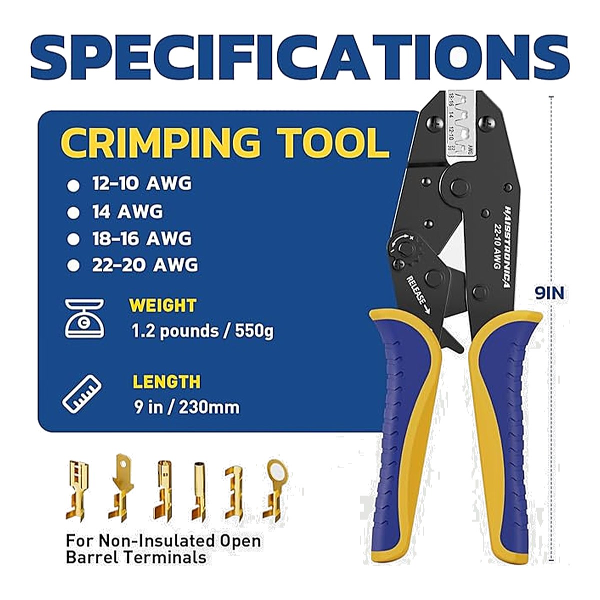 Haisstronica HS-5327 – Ratchet Crimping Tool, Open Barrel AWG 20-10