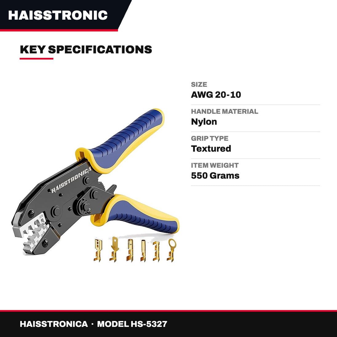 Haisstronica HS-5327 – Ratchet Crimping Tool, Open Barrel AWG 20-10