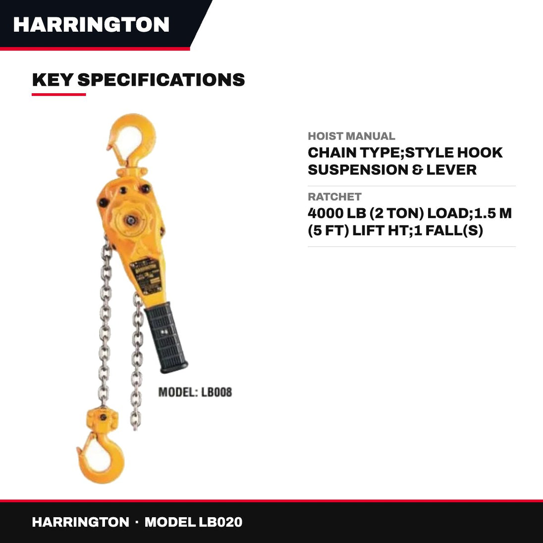 Harrington LB020 – Hoist Manual – Chain Type, Style Hook Suspension & Lever