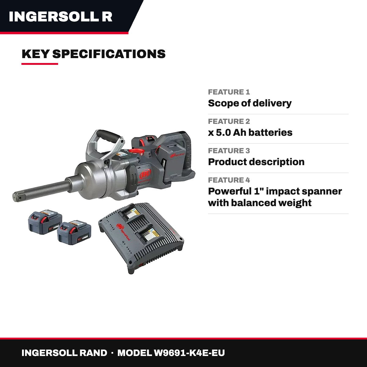 Ingersoll Rand W9691-K4E-EU – 1" Cordless Impact Wrench 4000 Nm, Extended Anvil, 4 Batteries