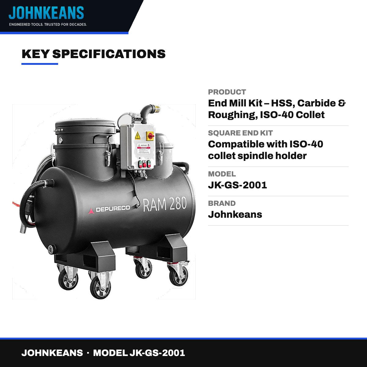 Johnkeans JK-GS-2001 – End Mill Kit – HSS, Carbide & Roughing, ISO-40 Collet