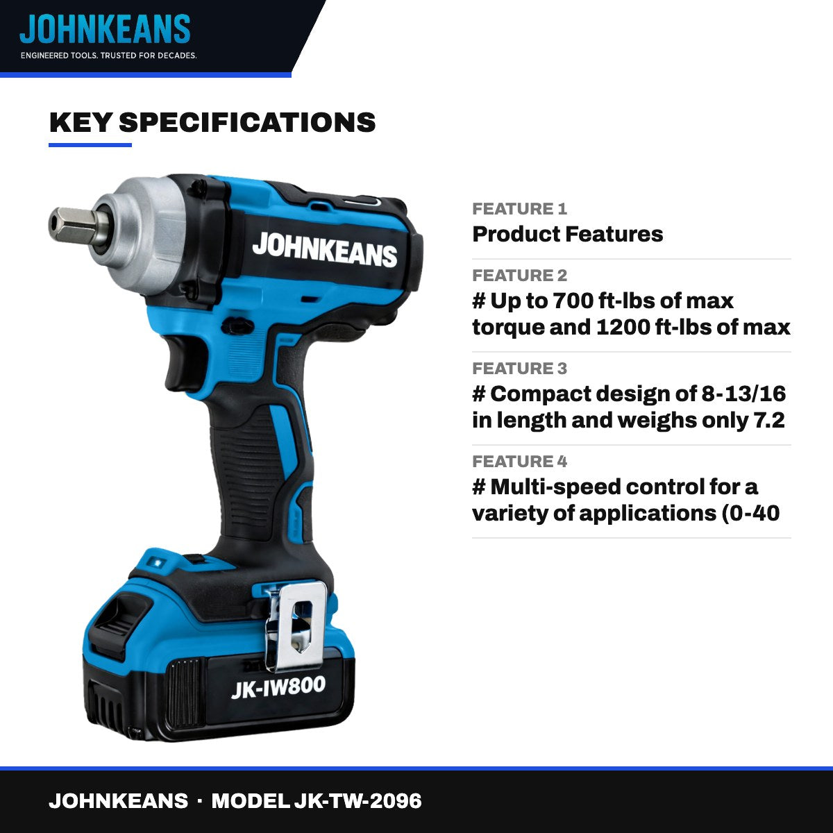 Johnkeans JK-TW-2096 – Johnkeans – 20V Max* Xr Brushless High Torque 1/2 Impact Wrench Kit W. Detent Pin Anvil (Single 5.0Ah)