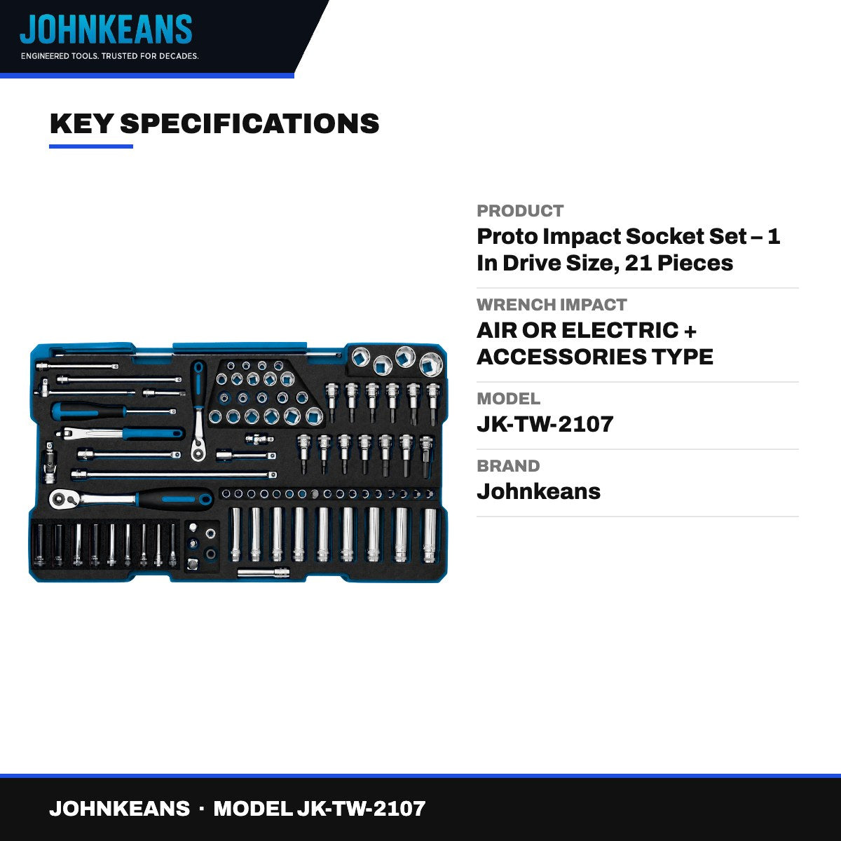Johnkeans JK-TW-2107 – Proto Impact Socket Set – 1 In Drive Size, 21 Pieces
