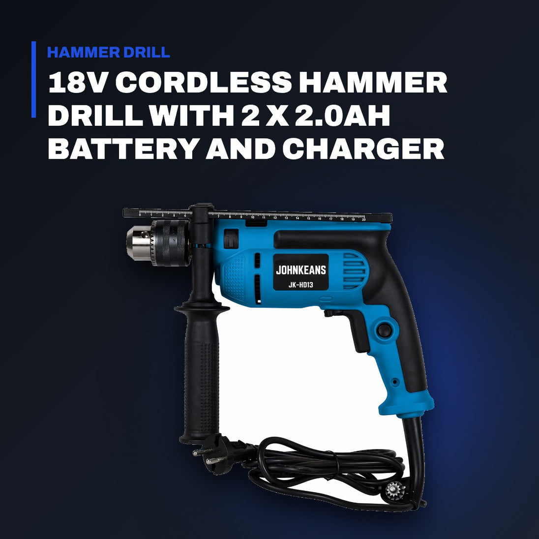 Johnkeans JK-PT-2038 – 18V Cordless Hammer Drill With 2 X 2.0Ah Battery And Charger