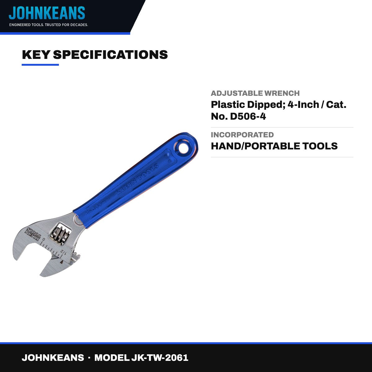 Johnkeans JK-TW-2061 – Adjustable Wrench – Plastic Dipped, 4-Inch / Cat. No. D506-4