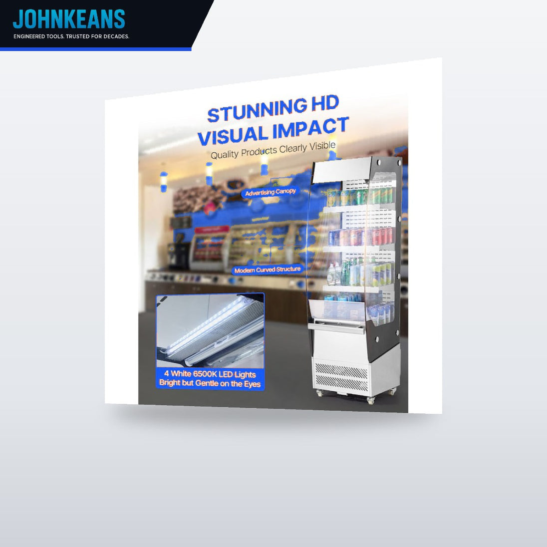 Johnkeans JK-GS-2084 – Johnkeans JK- 1200-S1 – Air Curtain Refrigerator For Drinks - Cube Display Self Service - 4 Led