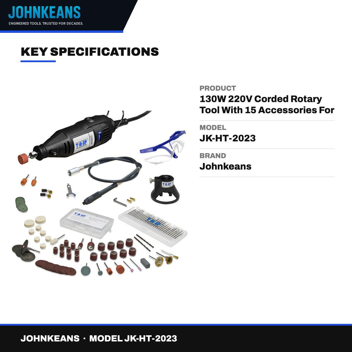 Johnkeans JK-HT-2023 – 130W 220V Corded Rotary Tool With 15 Accessories For Sanding – Cutting And Engraving