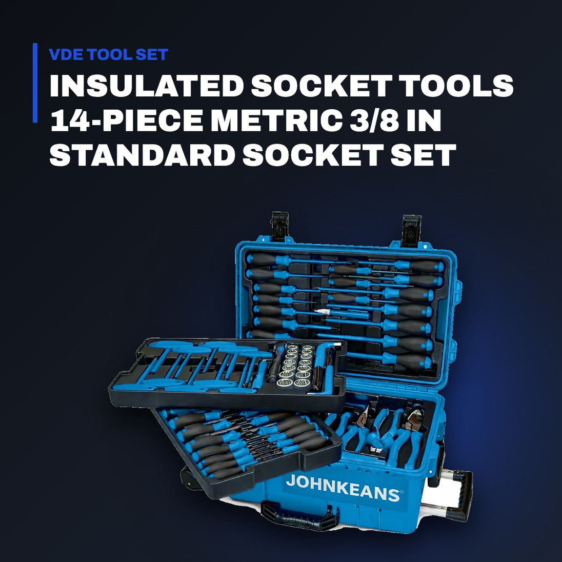 Johnkeans JK-TW-2085 – Insulated Socket Tools 14-Piece Metric 3/8 In Standard Socket Set With Ratchet – 6 Point, Vde/1000V