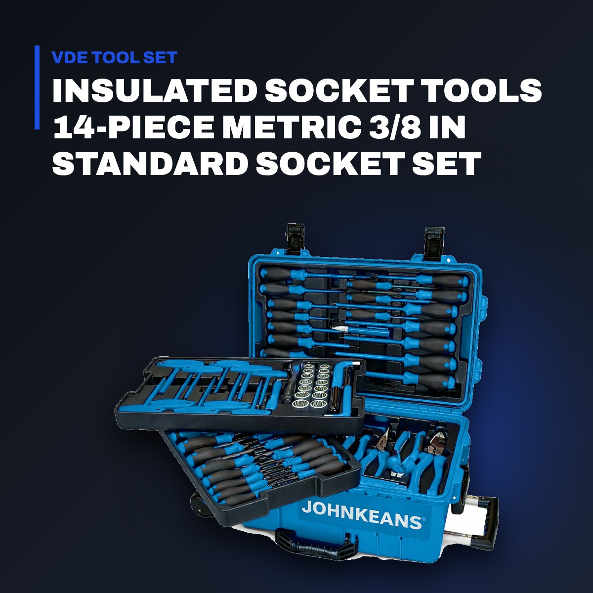 Johnkeans JK-TW-2085 – Insulated Socket Tools 14-Piece Metric 3/8 In Standard Socket Set With Ratchet – 6 Point, Vde/1000V