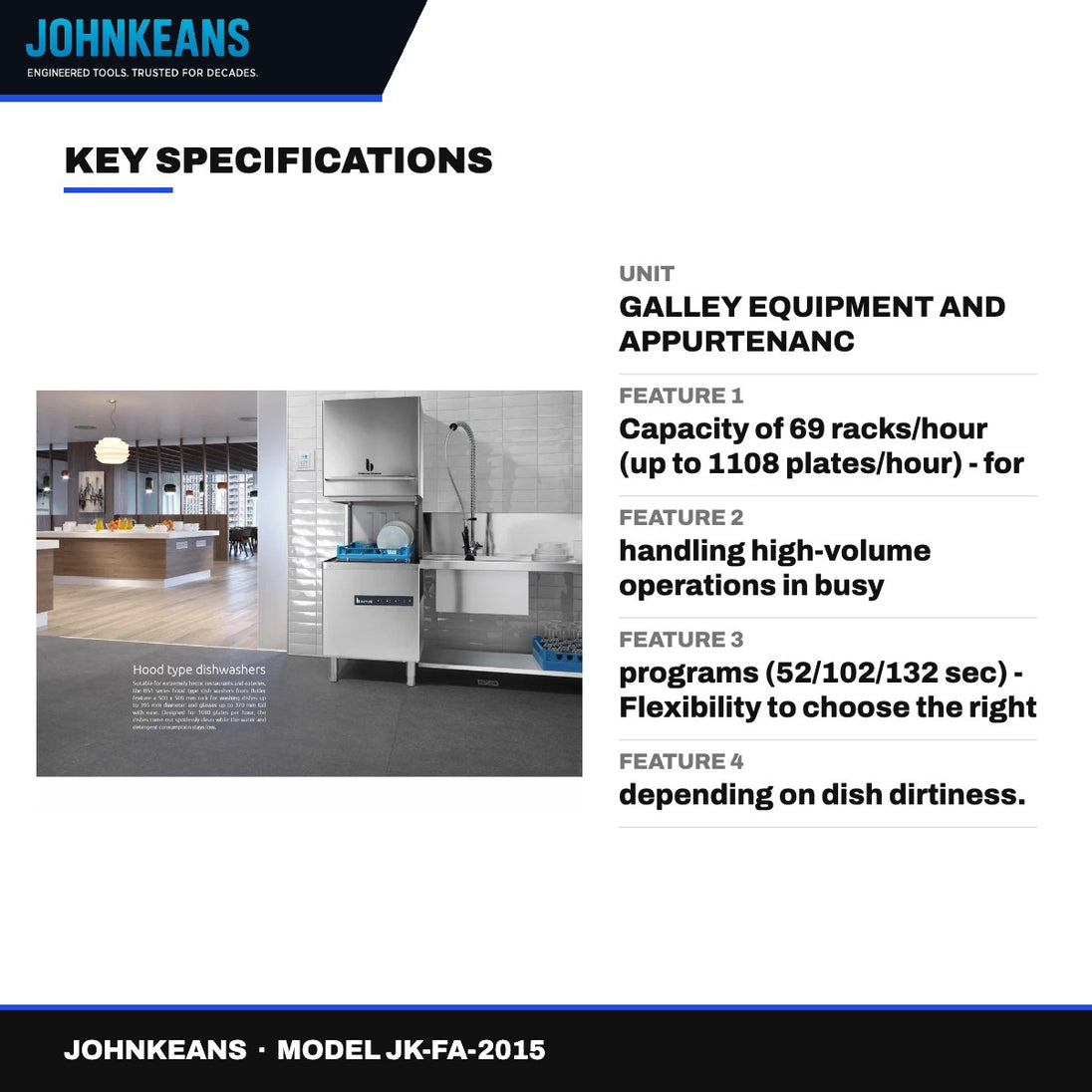 Johnkeans JK-FA-2015 – Stand-Free Hood Dishwasher - 69 Racks/Hr
