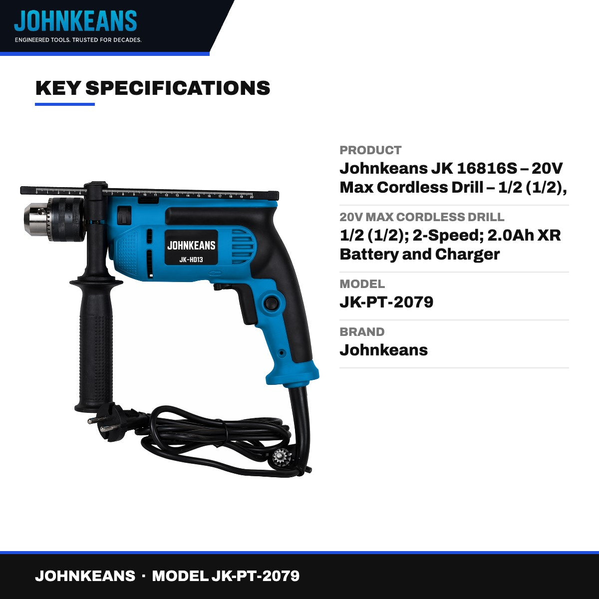 Johnkeans JK-PT-2079 – Johnkeans JK 16816S – 20V Max Cordless Drill – 1/2 (1/2), 2-Speed