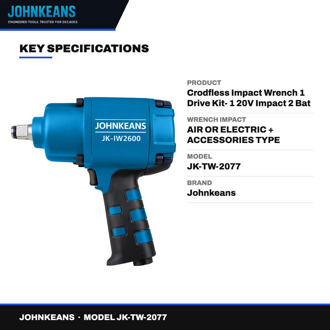 Johnkeans JK-TW-2077 – Crodfless Impact Wrench 1 Drive Kit- 1 20V Impact 2 Bat (5.0) Kit Eu W/ Case.