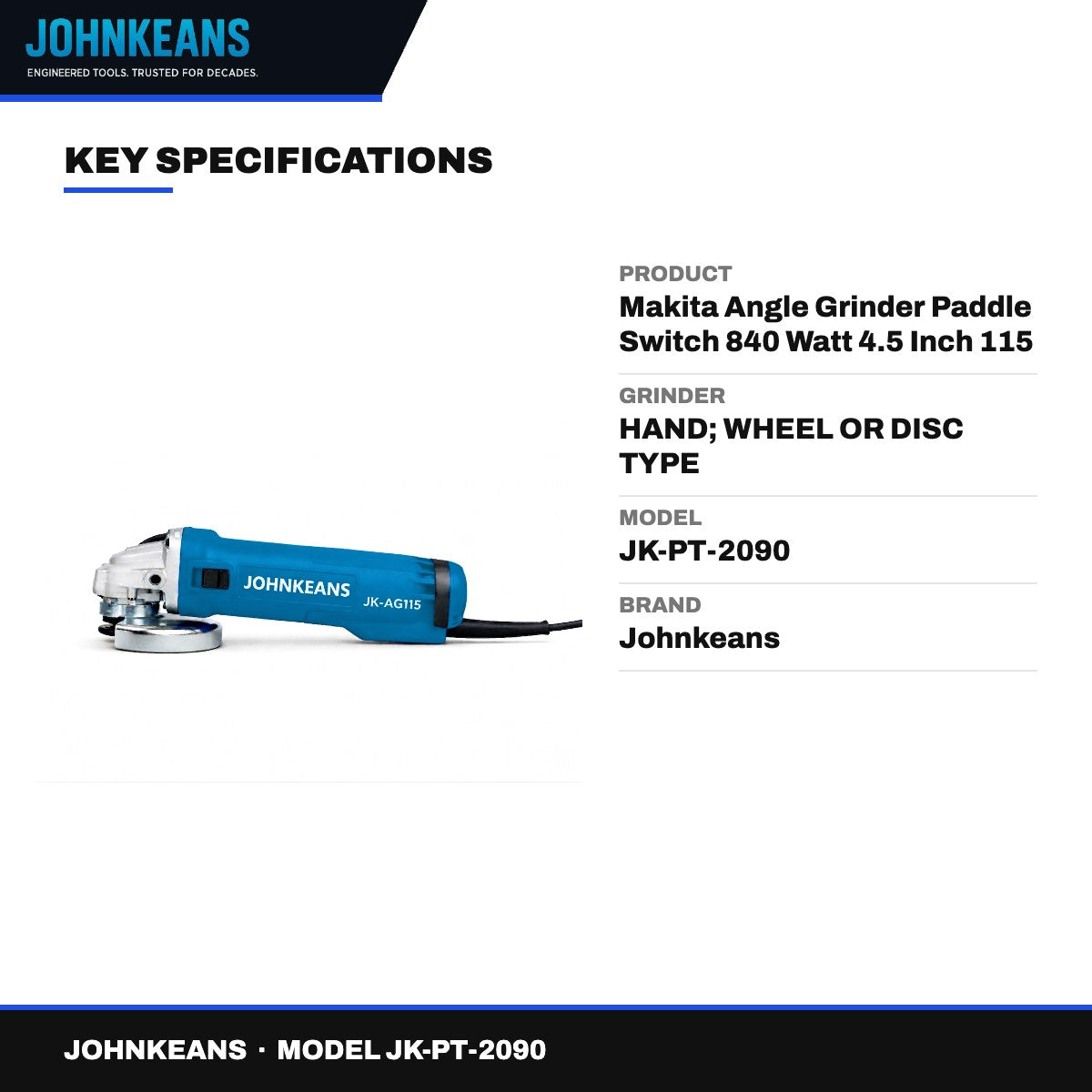 Johnkeans JK-PT-2090 – Makita Angle Grinder Paddle Switch 840 Watt 4.5 Inch 115 Mm Model# 9557 Hpg/220V.