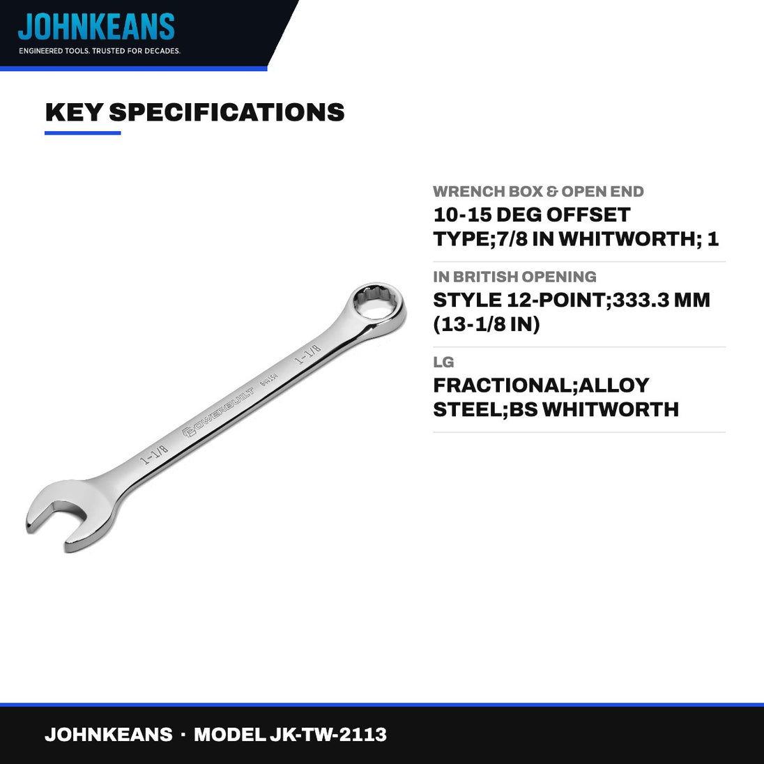 Johnkeans JK-TW-2113 – Wrench Box & Open End – 10-15 Deg Offset Type, 7/8 In Whitworth