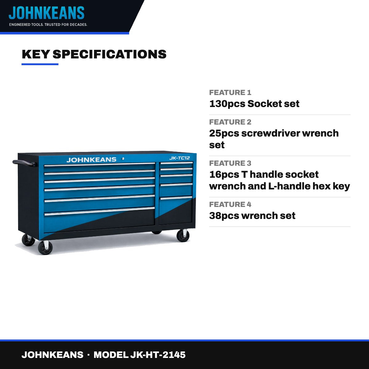 Johnkeans JK-HT-2145 – Tools Heavy Duty 12 Drawer Roller Cabinet With 291 Pcs Of Tools
