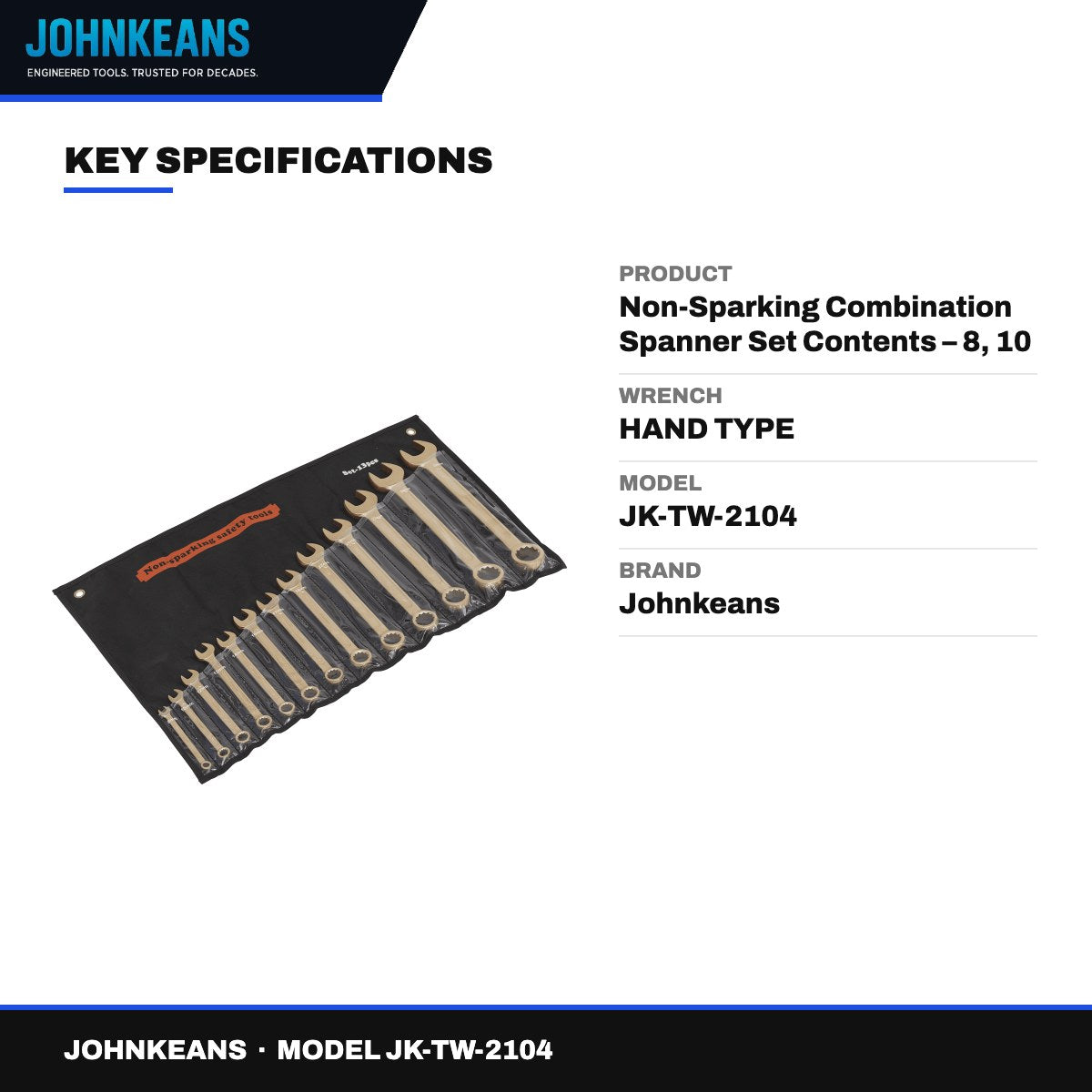 Johnkeans JK-TW-2104 – Non-Sparking Combination Spanner Set Contents – 8, 10
