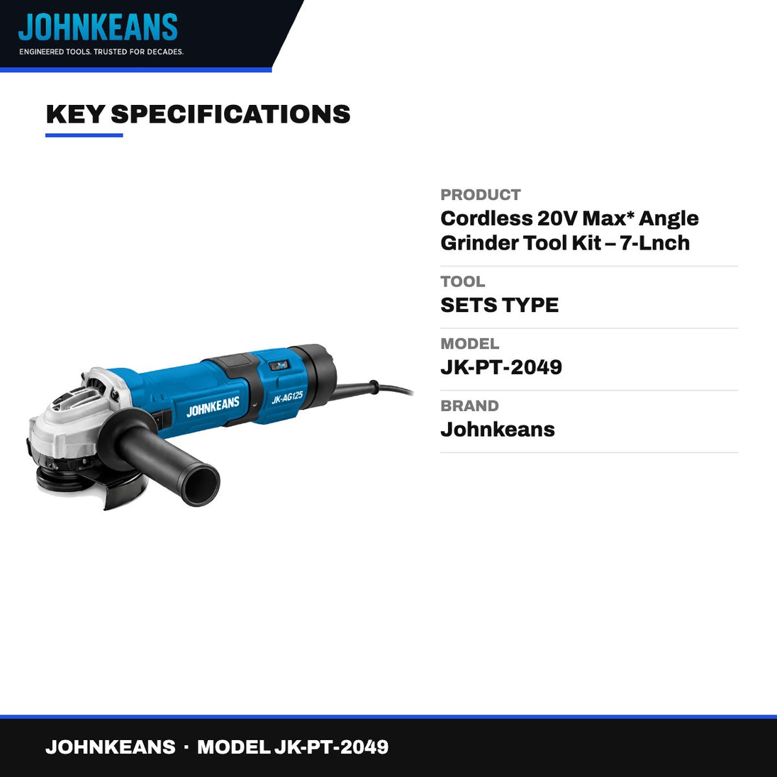 Johnkeans JK-PT-2049 – Cordless 20V Max* Angle Grinder Tool Kit – 7-Lnch With 2 Battery