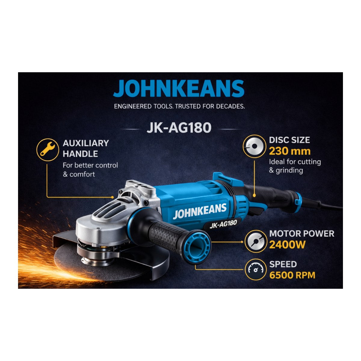 Johnkeans JK-PT-2071 – Grinder Electrical – Angle Head Type, 180 Mm (7) 5000-8000 Rpm Speed