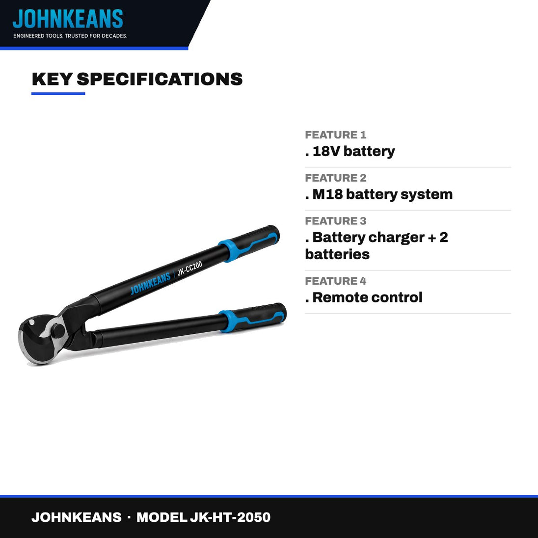 Johnkeans JK-HT-2050 – Cable Cutter Battery Operated With Two Batteries And Charger – Remote Controlled