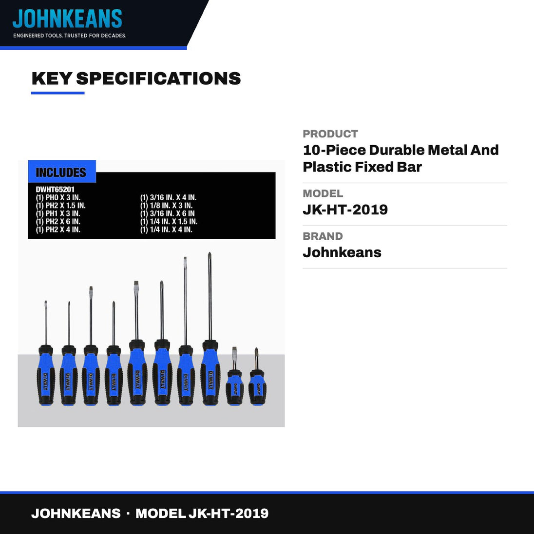 Johnkeans JK-HT-2019 – 10-Piece Durable Metal And Plastic Fixed Bar Screwdriver