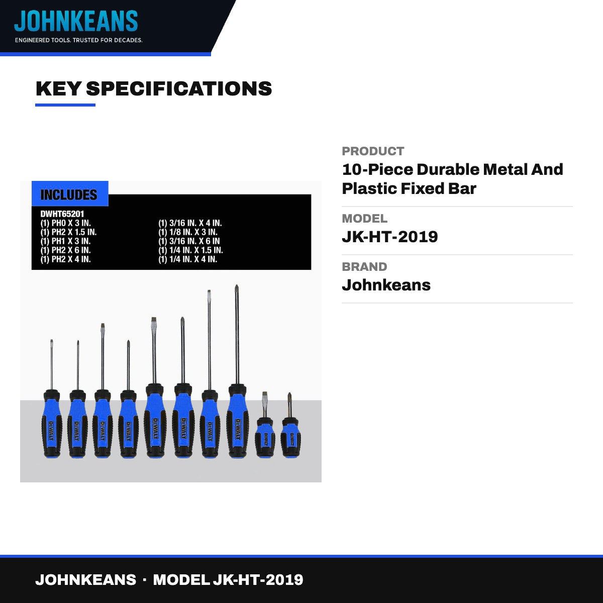 Johnkeans JK-HT-2019 – 10-Piece Durable Metal And Plastic Fixed Bar Screwdriver