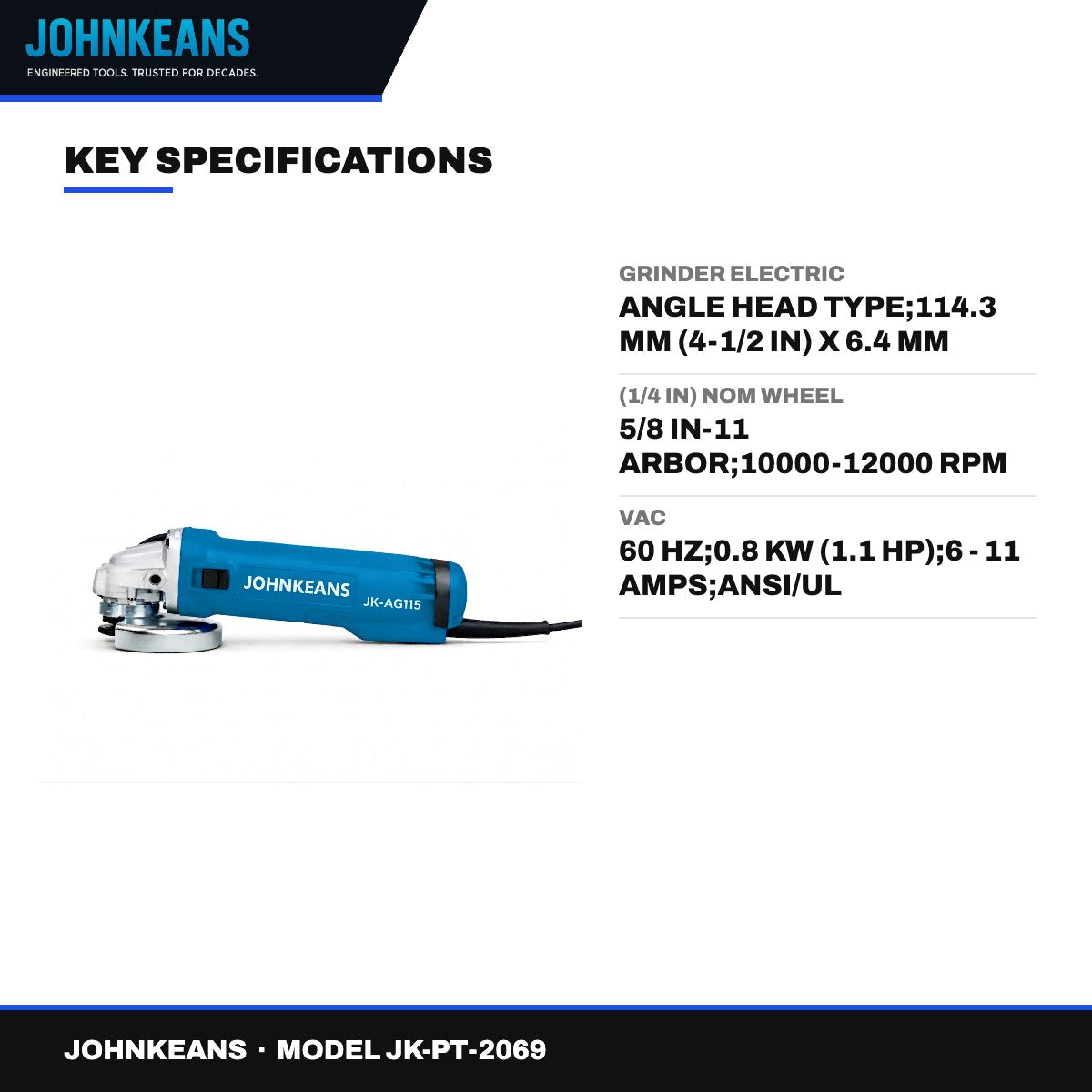 Johnkeans JK-PT-2069 – Grinder Electric – Angle Head Type, 114.3 Mm (4-1/2 In) X 6.4 Mm